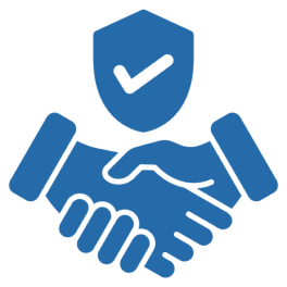 Handshake with shield and checkmark symbol.