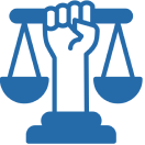 Fist holding scales of justice icon.